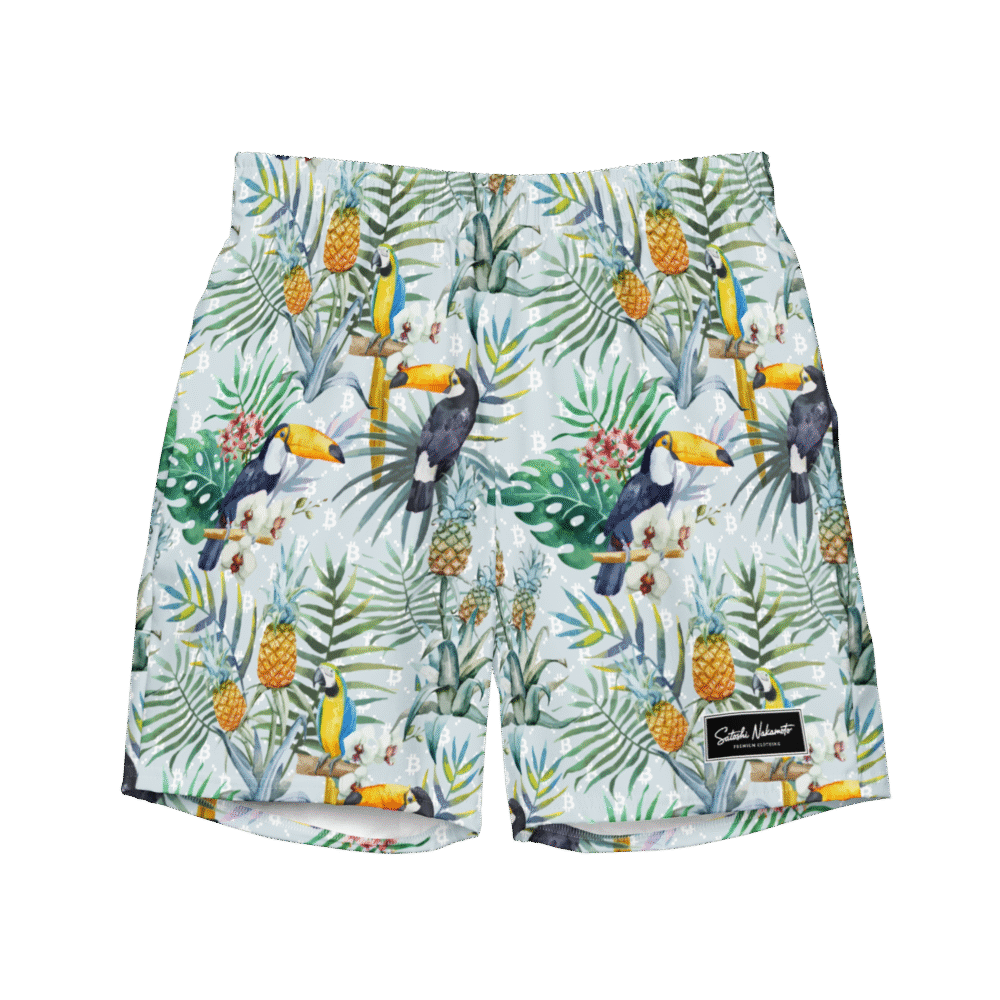 all over print recycled swim trunks white front 6877835922eb5 - Bitcoin Tropical Premium Swim Trunks