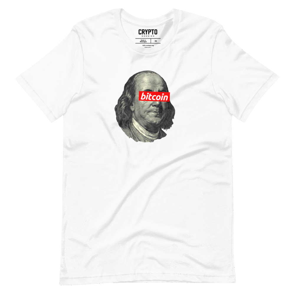 unisex staple t shirt white front 6873a55bc52ae - Benjamin Franklin x Bitcoin T-Shirt