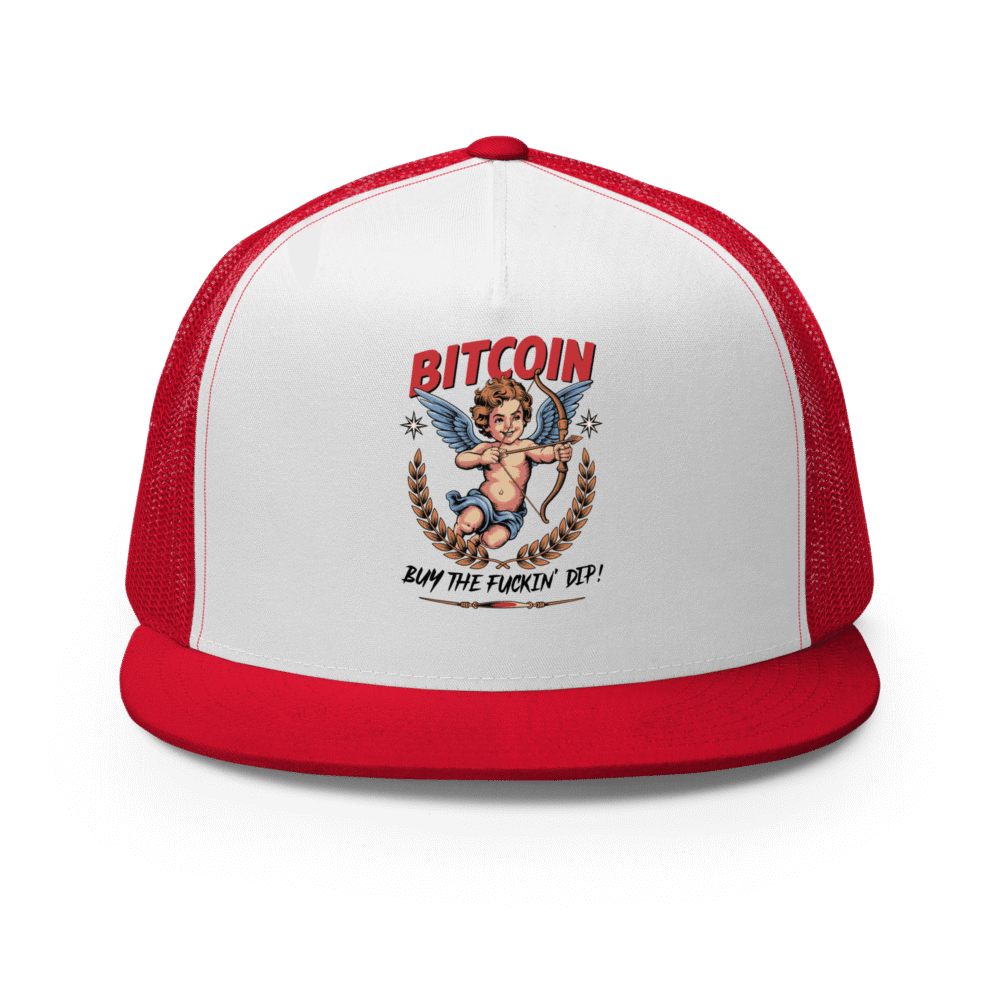 5 panel trucker cap red white red front 68a496ee51d29 - Bitcoin: BTFD Cherub Trucker Cap
