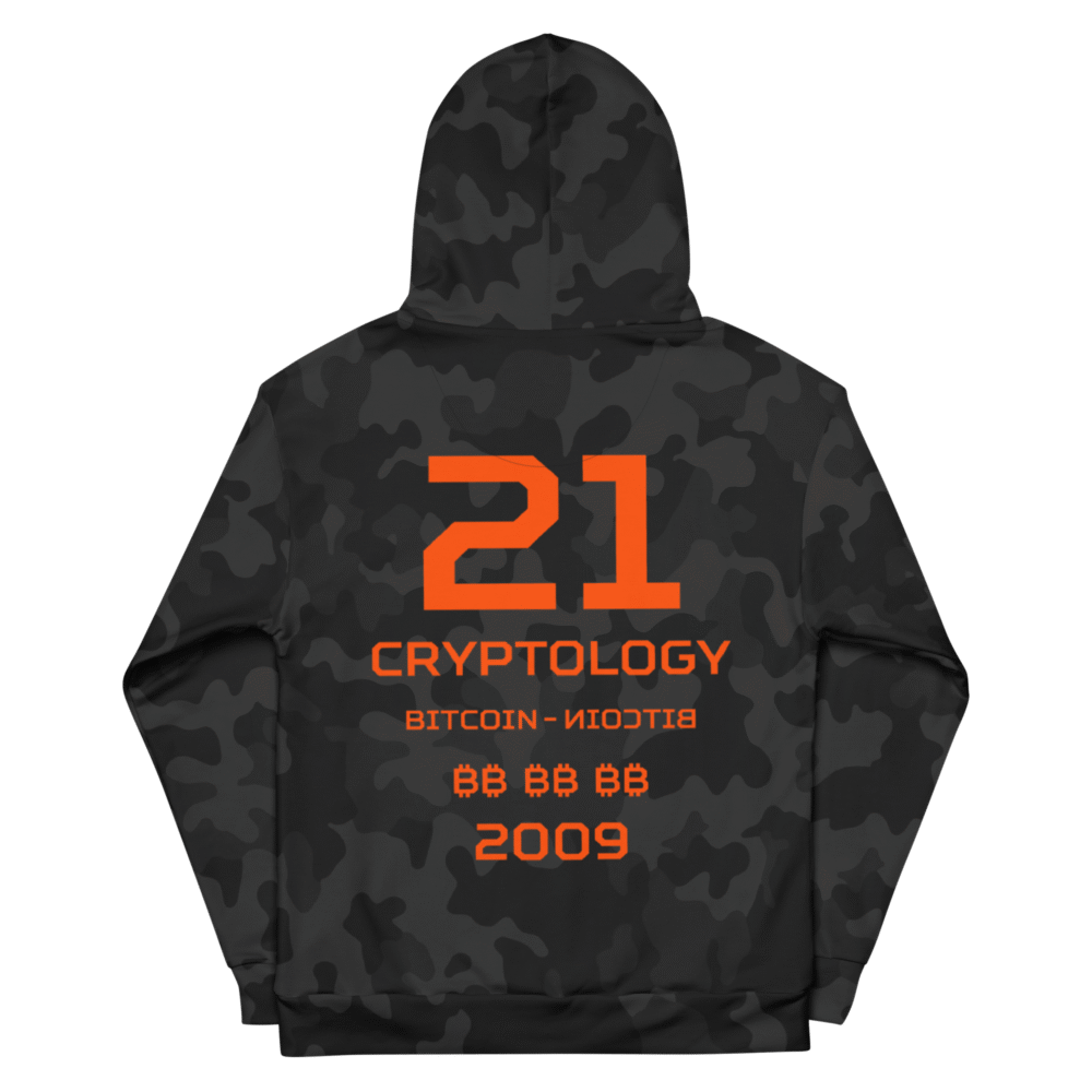 Bitcoin X Cryptology Black Camouflage Hoodie - All Over Print Recycled Unisex Hoodie White Back 68Ea07Db5F8E1