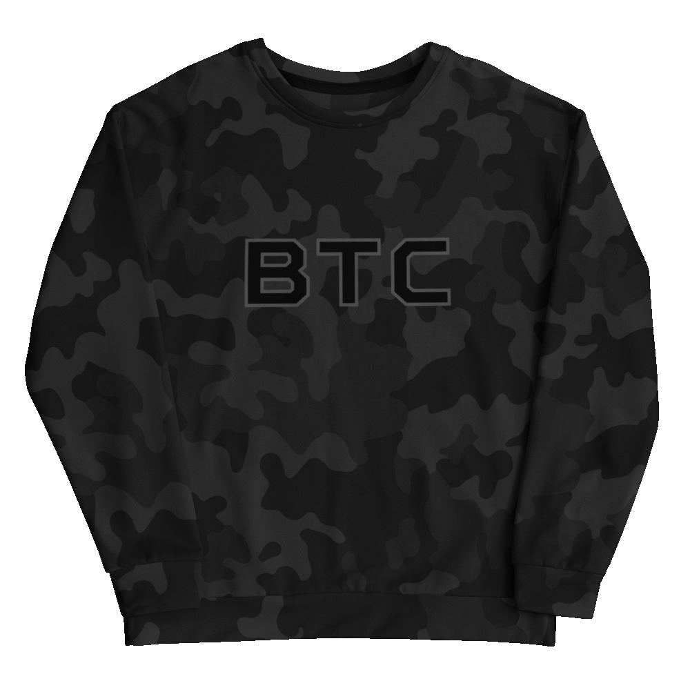 Bitcoin X Btc Black Camouflage Sweatshirt - All Over Print Recycled Unisex Sweatshirt White Front 68Ed3Cece02A9