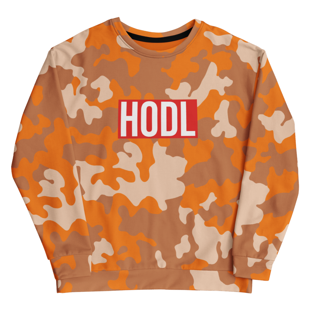 Hodl Orange Army Camouflage Sweatshirt - All Over Print Recycled Unisex Sweatshirt White Front 68Ed4290E29A9