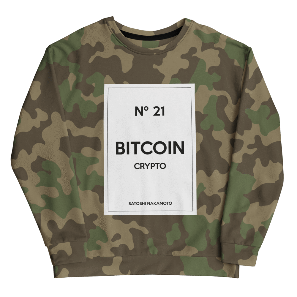 Bitcoin X Nakamoto Camouflage Sweatshirt - All Over Print Recycled Unisex Sweatshirt White Front 68Ed44Dcc1A41