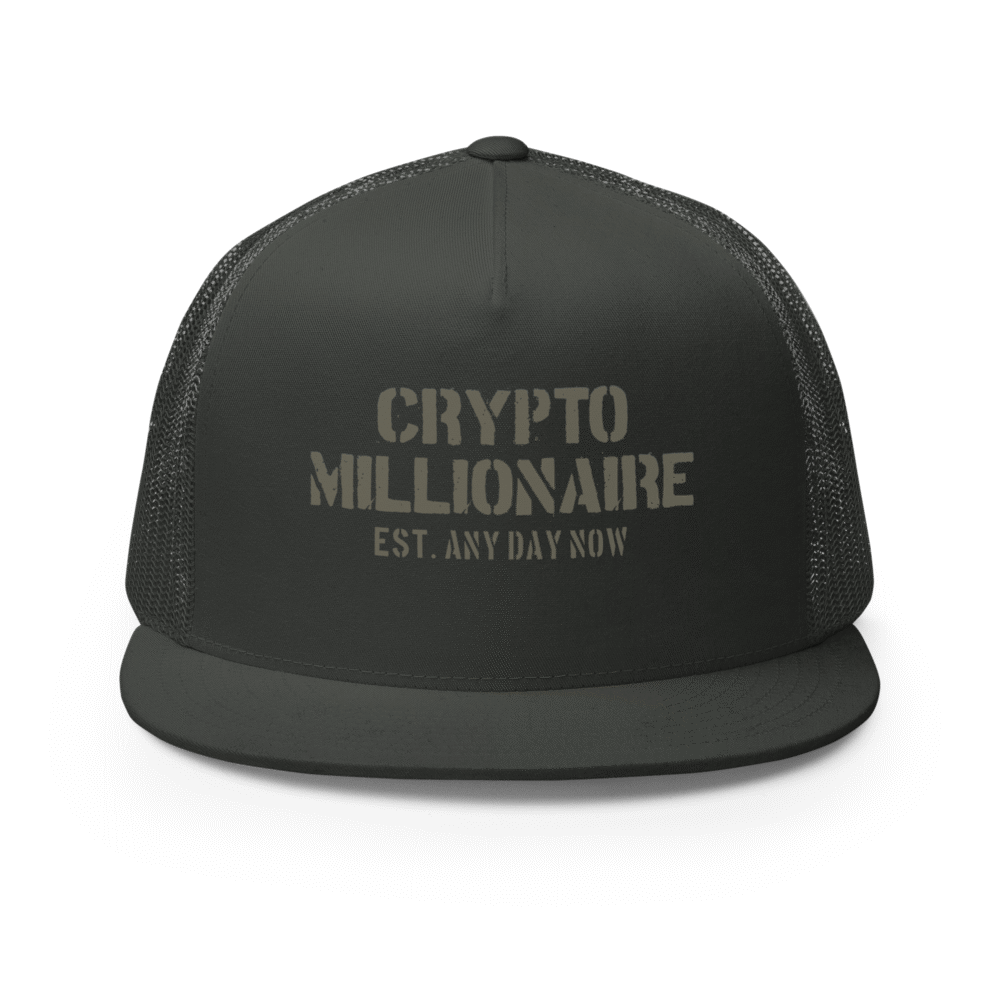 Crypto Millionaire Trucker Cap - 5 Panel Trucker Cap Charcoal Front 6907A4C222B02