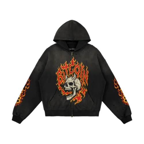 Bitcoin Flaming Skull Sun Faded Distressed Full-zip Hoodie