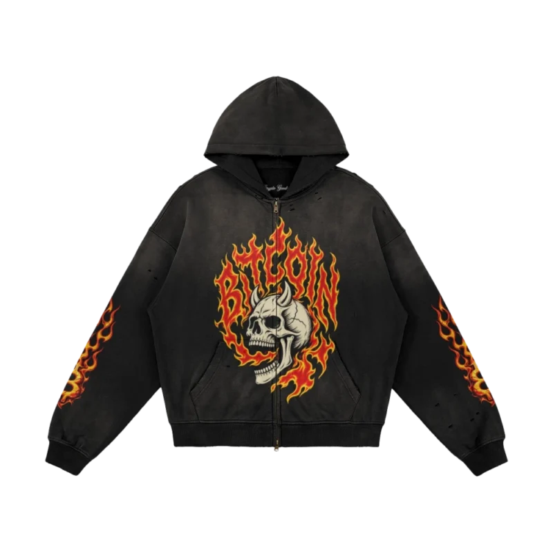 Bitcoin Flaming Skull Sun Faded Distressed Full-zip Hoodie