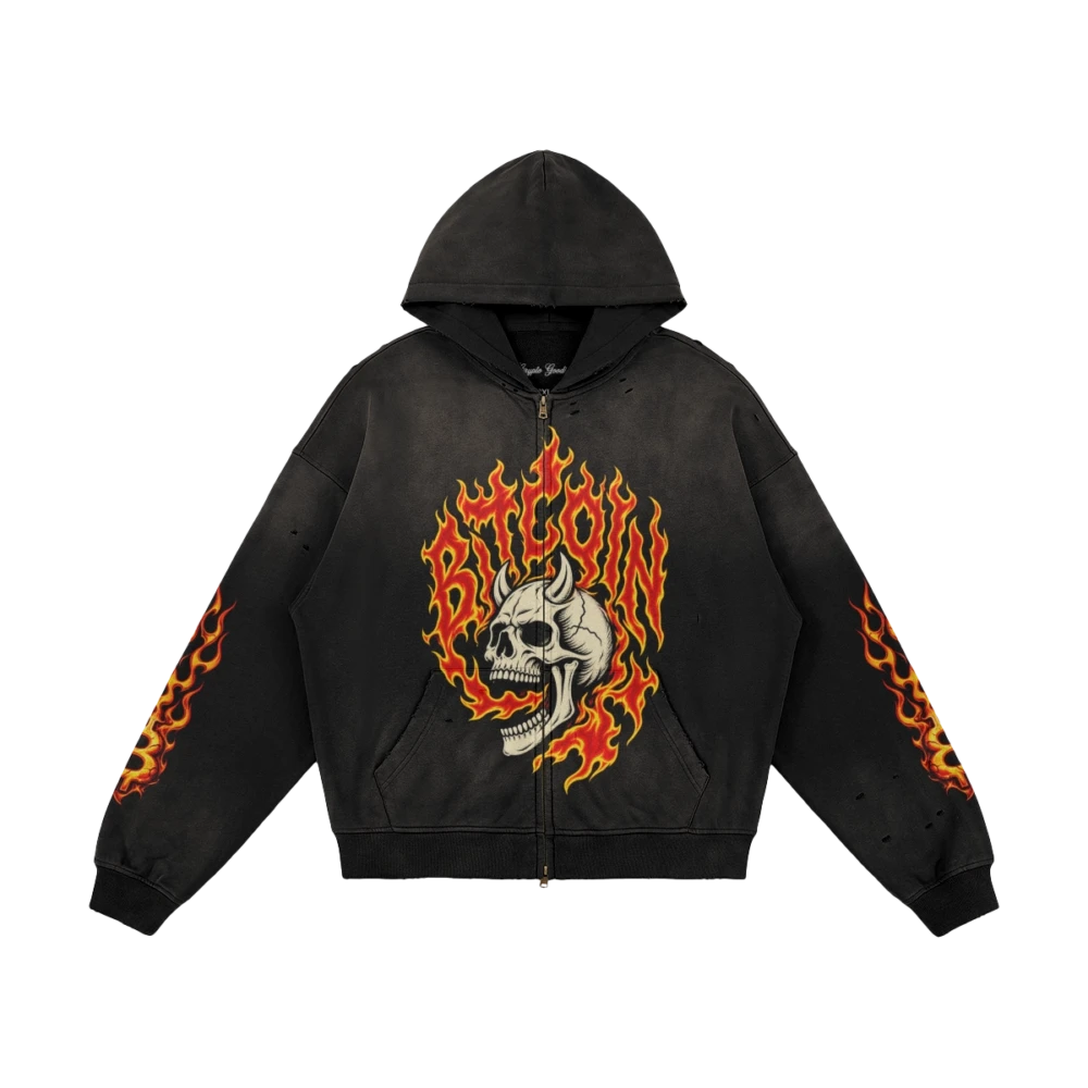 Bitcoin Flaming Skull Sun Faded Distressed Full-zip Hoodie