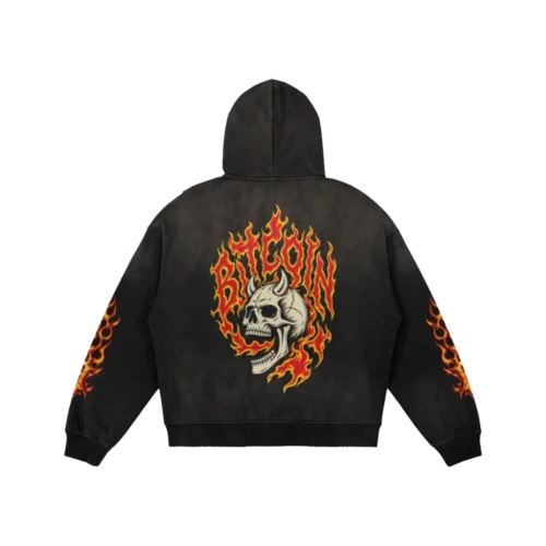 Bitcoin Flaming Skull Sun Faded Distressed Full-zip Hoodie