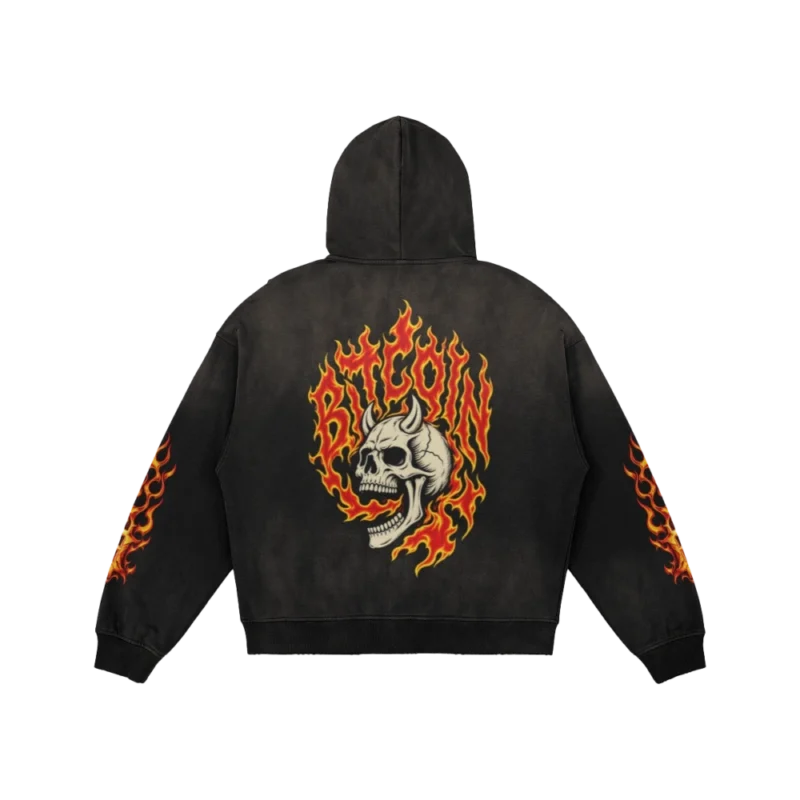 Bitcoin Flaming Skull Sun Faded Distressed Full-zip Hoodie - Image 2