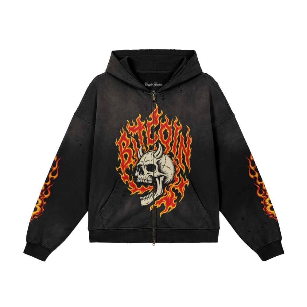 Bitcoin Flaming Skull Sun Faded Distressed Full-zip Hoodie - Image 3