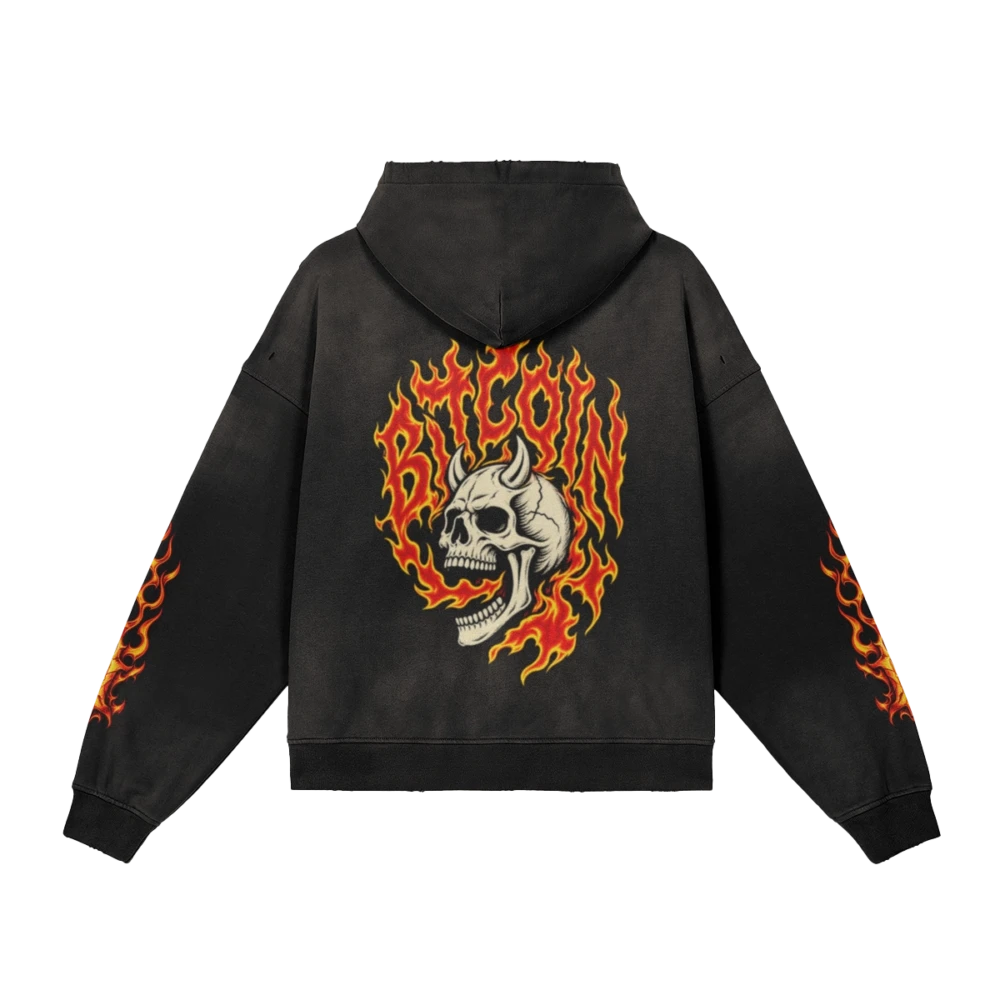 Bitcoin Flaming Skull Sun Faded Distressed Full-zip Hoodie - Image 4